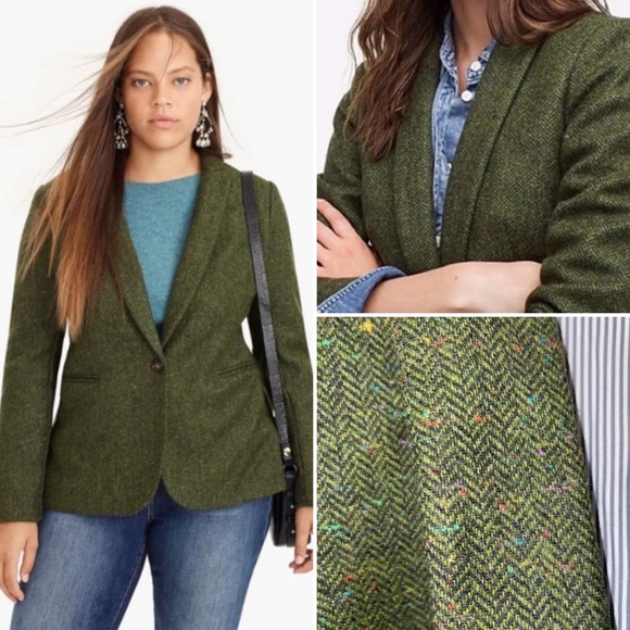 J. Crew Parke Blazer Herringbone English Wool Green Lined Womens Size 14